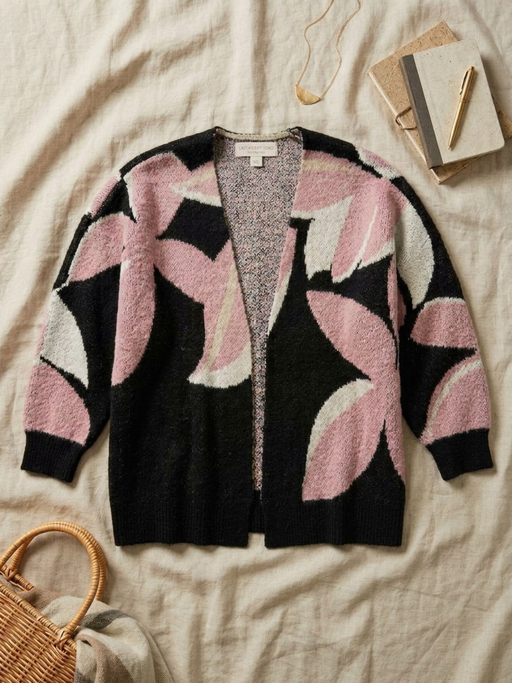 Anthropologie Saltwater Luxe Noland Open Front Cardigan Sweater Pink Black Boho